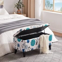 HUIMO Storage Ottoman, 35" Ottoman With Storage For Living Room, Script Printed Linen Upholstered Fabric Ottoman Foot Rest, Ottoman Bench For Bedroom End Of Bed, Entryway, Window Bench(Blue Flower) 10 HUIMO Storage Ottoman, 35" Ottoman With Storage For Living Room, Script Printed Linen Upholstered Fabric Ottoman Foot Rest, Ottoman Bench For Bedroom End Of Bed, Entryway, Window Bench(Blue Flower) -Safavieh Furniture 51FwI840N3L