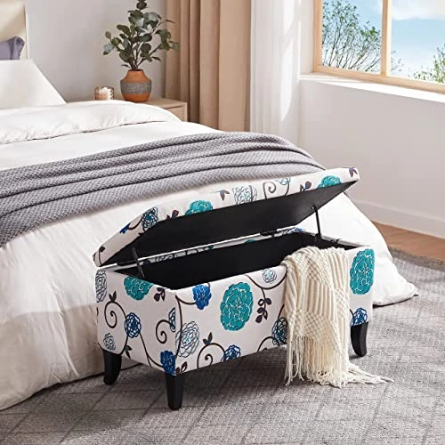 HUIMO Storage Ottoman, 35" Ottoman With Storage For Living Room, Script Printed Linen Upholstered Fabric Ottoman Foot Rest, Ottoman Bench For Bedroom End Of Bed, Entryway, Window Bench(Blue Flower) 3 HUIMO Storage Ottoman, 35" Ottoman With Storage For Living Room, Script Printed Linen Upholstered Fabric Ottoman Foot Rest, Ottoman Bench For Bedroom End Of Bed, Entryway, Window Bench(Blue Flower) - Image 3