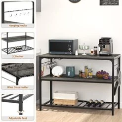 Homieasy Kitchen Island With Wine Glass Holder, Industrial Wood And Metal Coffee Bar Wine Rack Table, 3 Tier Spacious Kitchen Prep Table Extended Counter With Hooks Easy To Assemble, Black Oak -Safavieh Furniture 51FyZ9RjQPL