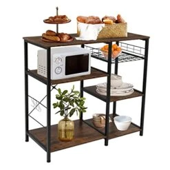 MUYIASER Kitchen Baker's Rack 4-Tier Microwave Stand With Storage Microwave Oven Stand With Steel Basket And 5 Hooks For Kitchen Home Spice Coffee Snack Vintage Brown