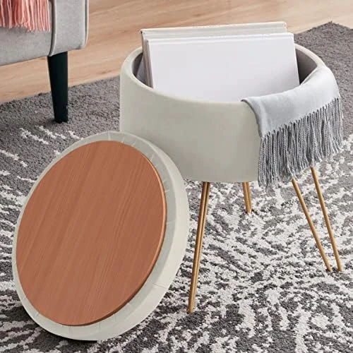 Ornavo Home Modern Round Velvet Storage Ottoman Foot Rest Vanity Stool/Seat With Gold Metal Legs & Tray Top Coffee Table - Blush 6 Ornavo Home Modern Round Velvet Storage Ottoman Foot Rest Vanity Stool/Seat With Gold Metal Legs & Tray Top Coffee Table - Blush - Image 6