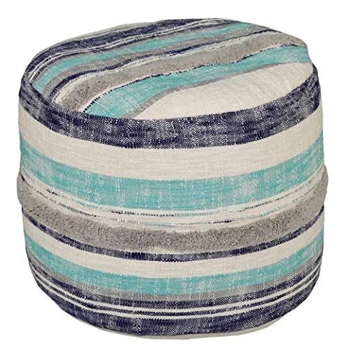 LR Home Coastal Stripe Pouf, 18"x14", White/Blue 2 LR Home Coastal Stripe Pouf, 18"x14", White/Blue - Image 2