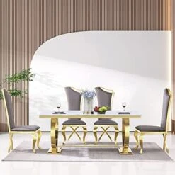 ACEDÉCOR 7 Piece Dining Table Set, Gold Kitchen And Dining Room Sets For 6, Metal Circling Base Dining Table In White Gold, White Leather Upholstered Dining Chairs With Gold Stainless Steel Legs 22 ACEDÉCOR 7 Piece Dining Table Set, Gold Kitchen And Dining Room Sets For 6, Metal Circling Base Dining Table In White Gold, White Leather Upholstered Dining Chairs With Gold Stainless Steel Legs -Safavieh Furniture 51GI02828L. AC