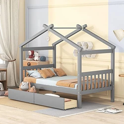 Full Size House Bed With 2 Storage Drawers Wooden Kids Montessori House Bed Frame Wood Playhouse Tent Bed For Girls Boys Teens, Natural 8 Full Size House Bed With 2 Storage Drawers Wooden Kids Montessori House Bed Frame Wood Playhouse Tent Bed For Girls Boys Teens, Natural - Image 8