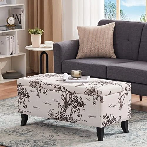 HUIMO Storage Ottoman, 35" Ottoman With Storage For Living Room, Script Printed Linen Upholstered Fabric Ottoman Foot Rest, Ottoman Bench For Bedroom End Of Bed, Entryway, Window Bench(Blue Flower) 7 HUIMO Storage Ottoman, 35" Ottoman With Storage For Living Room, Script Printed Linen Upholstered Fabric Ottoman Foot Rest, Ottoman Bench For Bedroom End Of Bed, Entryway, Window Bench(Blue Flower) - Image 7