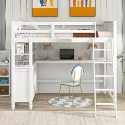 Harper & Bright Designs Full Loft Bed With Desk And 3 Drawers, Solid Wood Full Size Loft Bed Frame With 2 Tier Shelves And Angled Ladder For Kids Teens Boys Girls, No Box Spring Needed (White) -Safavieh Furniture 51GT6a7fyQL