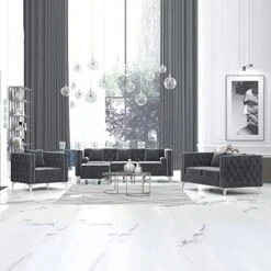 CECER Sofa, 3 Pieces Sofa Set, Loveseat Sofa- Oversize Sofa Couch- Sofa Chair, Velvet Sofa With Pillow, Couches For Living Room, Apartment, Office, Gray Sofa