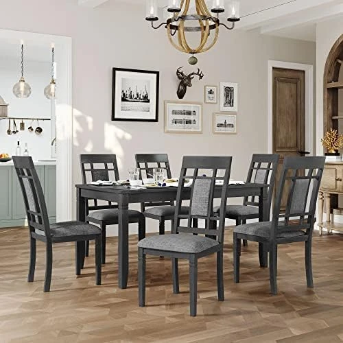 Merax 7-Piece Farmhouse Rustic Wooden Dining Set, Rectangular Table With 6 Padded Chairs, Gray 15 Merax 7-Piece Farmhouse Rustic Wooden Dining Set, Rectangular Table With 6 Padded Chairs, Gray - Image 15