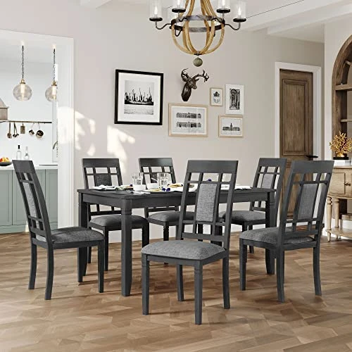 Merax 7-Piece Farmhouse Rustic Wooden Dining Set, Rectangular Table With 6 Padded Chairs, Gray 1 Merax 7-Piece Farmhouse Rustic Wooden Dining Set, Rectangular Table With 6 Padded Chairs, Gray