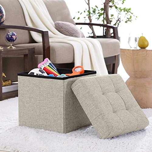 Ornavo Home Foldable Tufted Linen Storage Ottoman Square Cube Foot Rest Stool/Seat - 15" X 15" X 15" (Beige) 2 Ornavo Home Foldable Tufted Linen Storage Ottoman Square Cube Foot Rest Stool/Seat - 15" X 15" X 15" (Beige) - Image 2