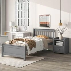 Twin Bed Frame With A Nightstand Wood Platform Bed With Headboard For Boys, Girls, Kids, Teens, No Box Spring Needed, White -Safavieh Furniture 51GqpblgHnL. AC