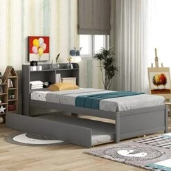 DEINPPA Full Size Platform Bed With Built-in Bookshelves And 2 Drawers, Wooden Captain Bed Frame For Kids Teens Adult Boys Girls, No Box Spring Needed, Grey -Safavieh Furniture 51Gs6UGoNL. AC