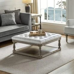HULALA HOME Large Square Ottoman Coffee Table For Living Room, Button Tufted Cocktail Ottoman With Shelf & Solid Wood Legs, Upholstered Farmhouse Footrest Stool, Beige -Safavieh Furniture 51Gu2LAtKSL. AC