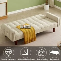 Betoko Linen Futon Sofa Couch 73.6" Fabric Upholstered Convertible Sofa Bed Minimalist Button Tufted Small 3 Seater Sleeper Futon Couch Set For Living Room Bedroom (Beige) 15 Betoko Linen Futon Sofa Couch 73.6" Fabric Upholstered Convertible Sofa Bed Minimalist Button Tufted Small 3 Seater Sleeper Futon Couch Set For Living Room Bedroom (Beige) -Safavieh Furniture 51H7AF5fHSL