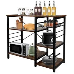 NO MORE TAG Kitchen Baker's Rack Kitchen Shelf With Wire Basket Free Standing Organizer Shelf Microwave Oven Stand Coffee Bar Table Station Kitchen Storage Shelf Rack Rustic Brown