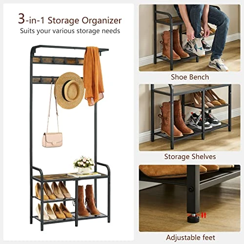Tajsoon Coat Rack, Hall Tree With Bench And Shoe Storage, Coat Rack Shoe Bench, 3-in-1 Shoe Rack And Coat Rack For Entryway, 11.24 X 28.35 X 66.34 Inches, Metal, Rustic Brown And Black 5 Tajsoon Coat Rack, Hall Tree With Bench And Shoe Storage, Coat Rack Shoe Bench, 3-in-1 Shoe Rack And Coat Rack For Entryway, 11.24 X 28.35 X 66.34 Inches, Metal, Rustic Brown And Black - Image 5