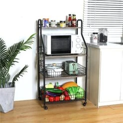 4 Tier Rolling Kitchen Bakers Rack With Storage 5 S Hooks, Kitchen Rolling Utility Cart With Shelves Wire Basket, Kitchen Serving Bar Cart, Microwave Oven Stand Fruit Vegetable Spice Organizer Rack 8 4 Tier Rolling Kitchen Bakers Rack With Storage 5 S Hooks, Kitchen Rolling Utility Cart With Shelves Wire Basket, Kitchen Serving Bar Cart, Microwave Oven Stand Fruit Vegetable Spice Organizer Rack -Safavieh Furniture 51IJ93CJXAL