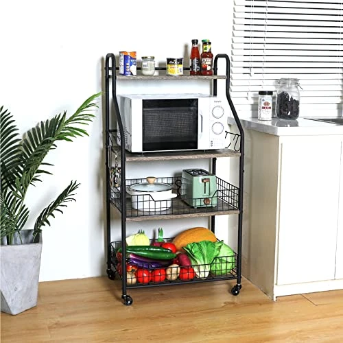 4 Tier Rolling Kitchen Bakers Rack With Storage 5 S Hooks, Kitchen Rolling Utility Cart With Shelves Wire Basket, Kitchen Serving Bar Cart, Microwave Oven Stand Fruit Vegetable Spice Organizer Rack 4 4 Tier Rolling Kitchen Bakers Rack With Storage 5 S Hooks, Kitchen Rolling Utility Cart With Shelves Wire Basket, Kitchen Serving Bar Cart, Microwave Oven Stand Fruit Vegetable Spice Organizer Rack - Image 4