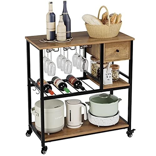 URKNO Bar Cart For Home, Mobile Kitchen Baker's Rack With Drawer, Industrial Wine Cart Microwave Stands With Wine Rack, Glass Holder, Hooks, Rustic Brown 1 URKNO Bar Cart For Home, Mobile Kitchen Baker's Rack With Drawer, Industrial Wine Cart Microwave Stands With Wine Rack, Glass Holder, Hooks, Rustic Brown