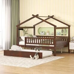 DEINPPA Full House Bed With Trundle, Kids Bed With Fence Guardrails, Wood Bed Frame, Decorative Roof Designs, No Box Spring Needed, For Boys Girls Toddler Kids-Walnut