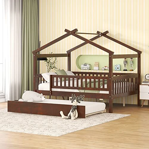 DEINPPA Full House Bed With Trundle, Kids Bed With Fence Guardrails, Wood Bed Frame, Decorative Roof Designs, No Box Spring Needed, For Boys Girls Toddler Kids-Walnut 1 DEINPPA Full House Bed With Trundle, Kids Bed With Fence Guardrails, Wood Bed Frame, Decorative Roof Designs, No Box Spring Needed, For Boys Girls Toddler Kids-Walnut