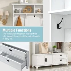 Hall Tree With Storage Bench,Modern Widen Mudroom Bench With 2 Large Drawer, 5 Hooks, 1 Cabinet,with Adjustable Shoe Storage And Hanging Hooks (White) -Safavieh Furniture 51IdP49gxPL 1