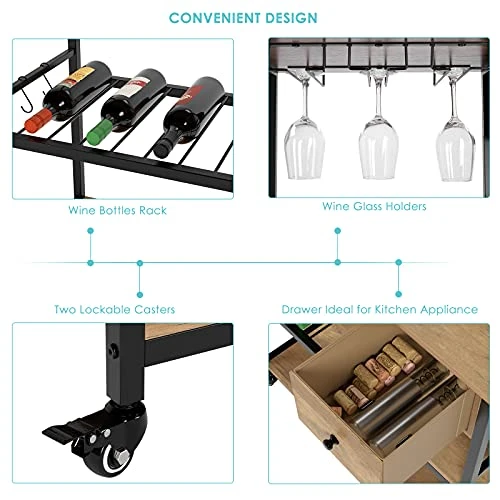 URKNO Bar Cart For Home, Mobile Kitchen Baker's Rack With Drawer, Industrial Wine Cart Microwave Stands With Wine Rack, Glass Holder, Hooks, Rustic Brown 5 URKNO Bar Cart For Home, Mobile Kitchen Baker's Rack With Drawer, Industrial Wine Cart Microwave Stands With Wine Rack, Glass Holder, Hooks, Rustic Brown - Image 5