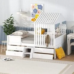 Full House Beds With Storage Drawers For Kids Montessori Bed Wood Playhouse Tent Bed Frame With 4 Drawers And Ladder For Children Girls Boys Teens Junior, Full Size, White
