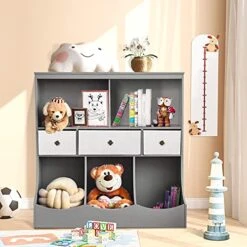 YGBH Toy Storage Organizer With Bookcase, Toy Storage Cabinet With Bins, Wide Toddler Storage Unit With 8 Compartments &3 Baskets Bins, Multi Shelf Cubby For Books, Toys (Grey)