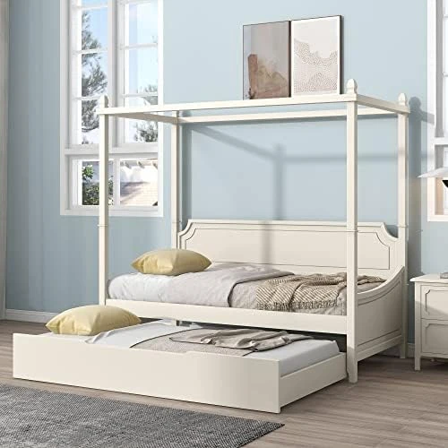 3-Piece Bedroom Set, Solid Wood Bedroom Set, Full Size Canopy Platform Bed With Trundle Bed And 2 Nightstands, Light Brown 12 3-Piece Bedroom Set, Solid Wood Bedroom Set, Full Size Canopy Platform Bed With Trundle Bed And 2 Nightstands, Light Brown - Image 12
