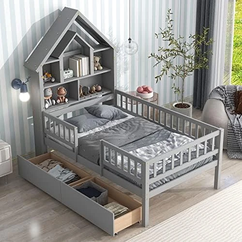MERITLINE Twin Size Platform Bed With Drawer Wood Storage Bed Frame With House-Shaped Bookcase Headboard and Fence Guardrails For Kids,Boys,Girls(White) 8 MERITLINE Twin Size Platform Bed With Drawer Wood Storage Bed Frame With House-Shaped Bookcase Headboard and Fence Guardrails For Kids,Boys,Girls(White) - Image 8