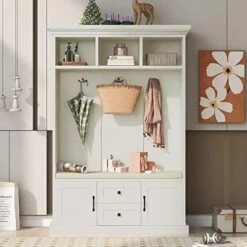 JIVOIT 3-in-1 Design Hall Tree With 3 Hooks, 70.9'' H Wooden Coat Hanger With 2-Drawers/2-Doors/3-Open Cubbies, Entryway Bench, Storage Bench, Entrance Hallway Living Room (Black-05) -Safavieh Furniture 51IjgnddA1L. AC