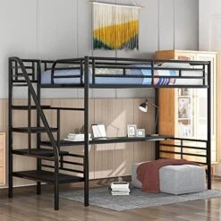 Harper & Bright Designs Full Size Loft Bed With Desk, Heavy Duty Metal Loft Bed Full With Shelves, Full Loft Bed Frame For Kids,Teens, No Box Spring Needed,Silver -Safavieh Furniture 51ImaM kUL. AC