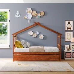 SOFTSEA Twin House Bed With Trundle Twin Platform Bed Frame With Roof For Boys And Girls -Safavieh Furniture 51IqQ whW9L. AC