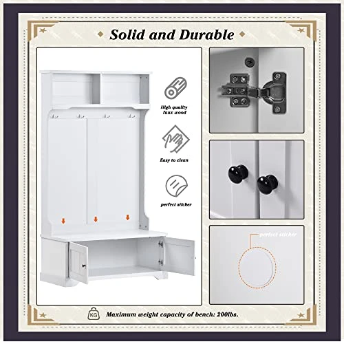 P PURLOVE Hall Tree With Storage Bench, With Shelves Cabinet And 4 Hooks, 3-in-1 Design, White 3 P PURLOVE Hall Tree With Storage Bench, With Shelves Cabinet And 4 Hooks, 3-in-1 Design, White - Image 3
