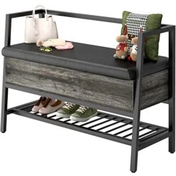 Homieasy Storage Shoe Bench With Padded Seat, Entryway Bench With Lift Top Storage Box, Industrial Shoe Rack Bench PU Leather Cushion Holds Up To 250 LB For Entryway Bedroom Hallway, Black Oak