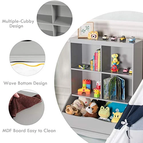 HONEY JOY Kids Toy Storage Organizer With Bookcase, 4-Cubby Organization Storage Cabinet W/Display Shelf, Wooden Toy Storage Unit For Playroom, Nursery Daycare(Gray) 3 HONEY JOY Kids Toy Storage Organizer With Bookcase, 4-Cubby Organization Storage Cabinet W/Display Shelf, Wooden Toy Storage Unit For Playroom, Nursery Daycare(Gray) - Image 3