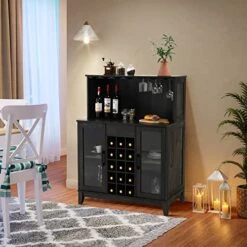 Giantex Buffet Hutch Cabinet, Kitchen Hutch Sideboard, 15 Wine Bottle Modulars, Glasses Holder Rack, Buffet Cabinet On Storage Island, Wood Stationary Kitchenware Server (Grey) -Safavieh Furniture 51IyMzIXBoL