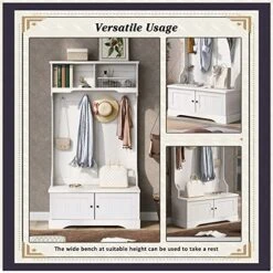 Gosuna Hall Tree Storage Bench 3-in-1 Entryway Coat Rack With 4 Double Hooks Wood Entryway Bench With Storage (White) -Safavieh Furniture 51IyamDhqML