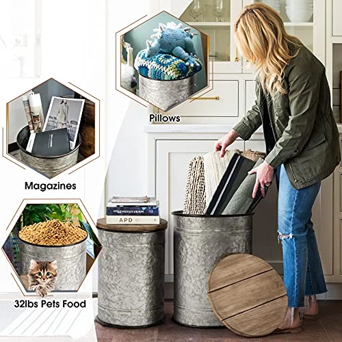 Oneinmil Rustic Storage Bins Farmhouse End Table Farmhouse Furniture Galvanized Metal Stool Ottoman Seat With Round Wood Lid Set Of 2 2 Oneinmil Rustic Storage Bins Farmhouse End Table Farmhouse Furniture Galvanized Metal Stool Ottoman Seat With Round Wood Lid Set Of 2 - Image 2