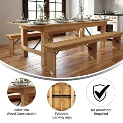 Flash Furniture HERCULES Commercial Grade Farmhouse Dining Table - Solid Pine Foldable Dining Table With Seating For 10 - 9'x40" - Antique Rustic Light Natural -Safavieh Furniture 51J23XzF0eL