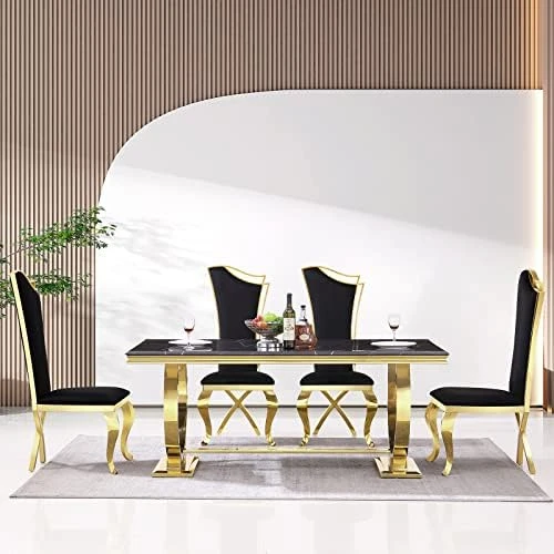 ACEDÉCOR 7 Piece Dining Table Set, Gold Kitchen And Dining Room Sets For 6, Metal Circling Base Dining Table In White Gold, White Leather Upholstered Dining Chairs With Gold Stainless Steel Legs 7 ACEDÉCOR 7 Piece Dining Table Set, Gold Kitchen And Dining Room Sets For 6, Metal Circling Base Dining Table In White Gold, White Leather Upholstered Dining Chairs With Gold Stainless Steel Legs - Image 7