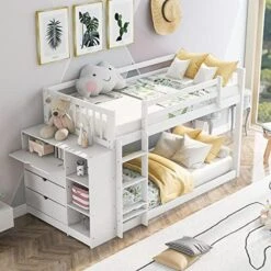 Harper & Bright Designs Twin Over Twin Bunk Bed Frame With Attached Cabinet And Shelves Storage For Kids,White -Safavieh Furniture 51JD7qq7rGL. AC