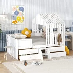 Full House Beds With Storage Drawers For Kids Montessori Bed Wood Playhouse Tent Bed Frame With 4 Drawers And Ladder For Children Girls Boys Teens Junior, Full Size, White -Safavieh Furniture 51JEi5UwDdL