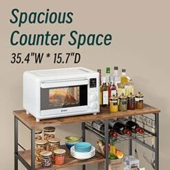 Wellynap Kitchen Bakers Rack With Storage, Industrial Microwave Oven Stand With Cabinet, Kitchen Stand With Hooks, Vintage Brown