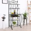 SSLine Modern Elegant Kitchen Baker's Rack 68" Tall Metal Microwave Oven Stand With Wood Top & Wine Stroage Shelf 5-Tier Carved Utility Shelving Unit Organizer For Kitchen Dining Room Laundry Room