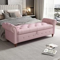 LUCKHAO 63" Tufted Storage Bench For Bedroom End Of Bed,Upholstered Storage Ottoman Bench For Bedroom,Rolled Arm Window Bench Seatwith With Solid Wood Legs(Grey) -Safavieh Furniture 51JSvvUzA1L. AC