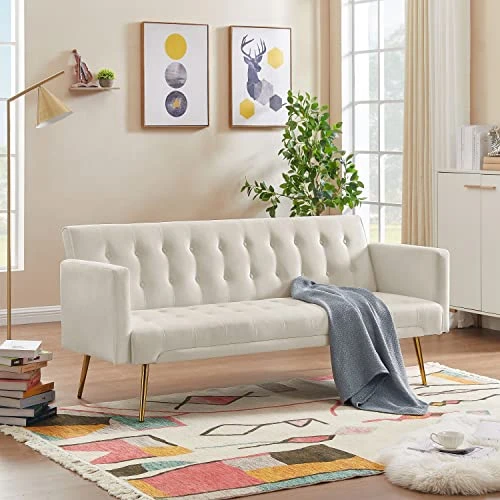 72"Modern Velvet Sofa Bed Futon,Convertible Folding Sleeper Bed Couches With 3 Adjustable Backrests,Tufted Recliner Love Seat With Golden Chrome Legs For Living Room Apartment Home Office (Beige) 2 72"Modern Velvet Sofa Bed Futon,Convertible Folding Sleeper Bed Couches With 3 Adjustable Backrests,Tufted Recliner Love Seat With Golden Chrome Legs For Living Room Apartment Home Office (Beige) - Image 2