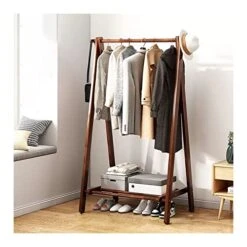KARMIO Free Standing Coat Stand Hanging Rail With Shelf Wooden Foldable Hall Tree For Entryway And Hallway Easy Assembly (Color : Brown, Size : 60 * 46 * 150cm)