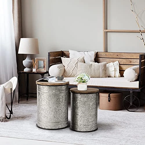 Oneinmil Rustic Storage Bins Farmhouse End Table Farmhouse Furniture Galvanized Metal Stool Ottoman Seat With Round Wood Lid Set Of 2 3 Oneinmil Rustic Storage Bins Farmhouse End Table Farmhouse Furniture Galvanized Metal Stool Ottoman Seat With Round Wood Lid Set Of 2 - Image 3